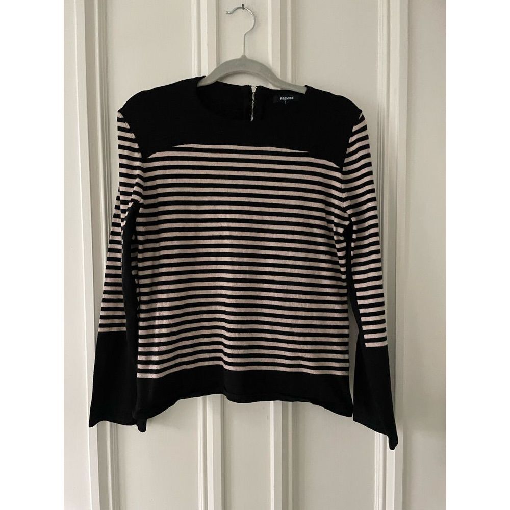 Premise Black and Light Pink Striped Crew Neck Sweater